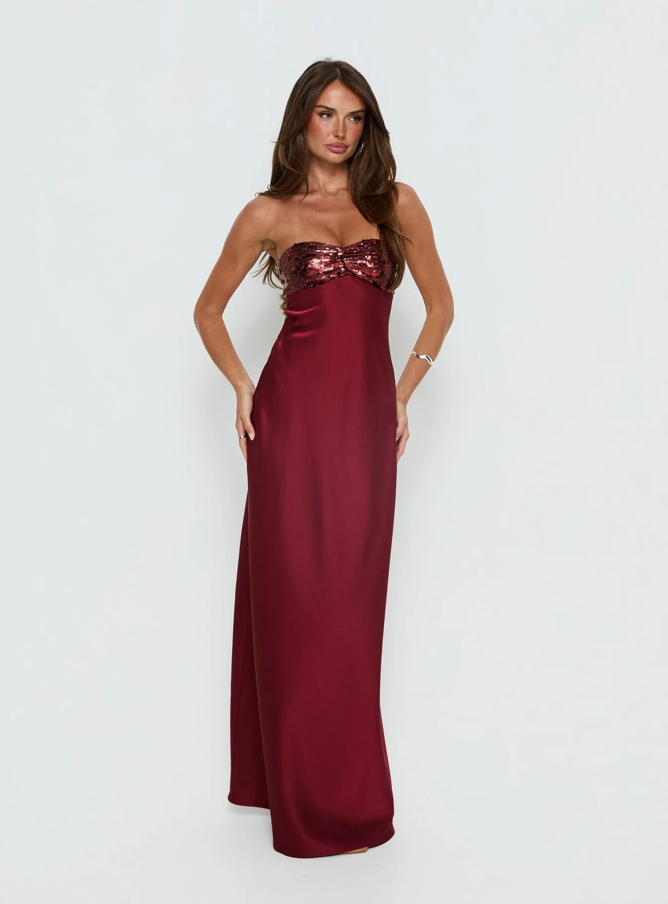 See The Vision Sequin Bust Strapless Maxi Dress Burgundy